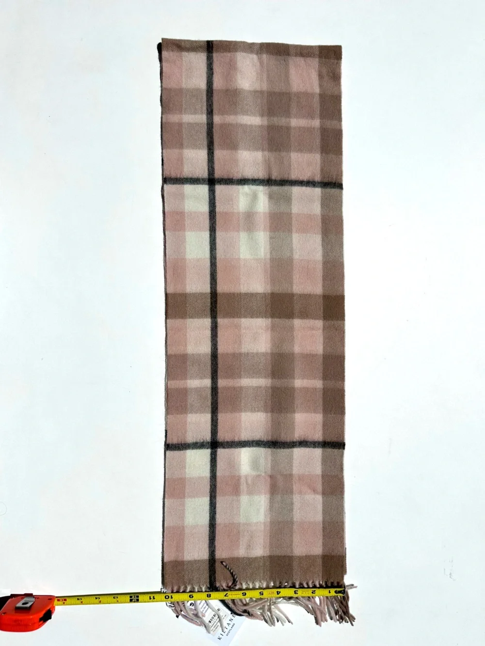 NWT Kiltane Lambswool Pink, Cream, Black & Brown Plaid Check Fringed Scarf 62x12